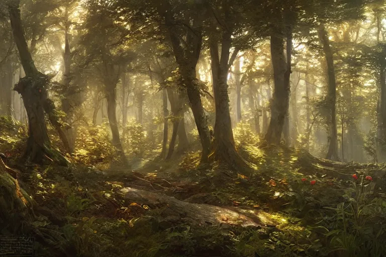 Image similar to painting of a beautiful forest landscape, sunshine, summer, warm, concept art, intricate details, eerie, highly detailed, photorealistic, octane render, 8 k, unreal engine. art by artgerm and greg rutkowski and alphonse mucha