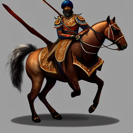 Prompt: persian cataphract on horseback with a spear, trending on artstation