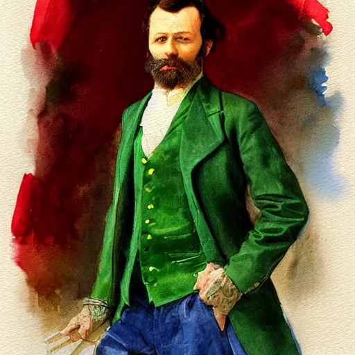 Image similar to Portrait of a handsome man with mutton chops. wearing a green suit. colorful necktie, pale white face, long messy hair, ((red)) baggy eyes, tired face, watercolor, brushstrokes, high detail, artstation, background yellow and blue, medium detail, by Ilya Repin