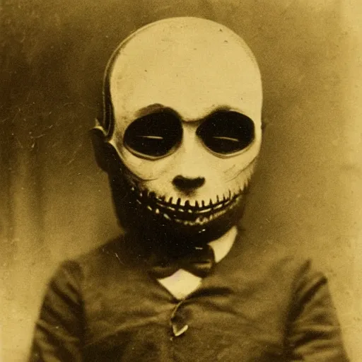 Prompt: child wearing a halloween mask in 1 9 0 0, photograph, style of atget, creepy, atmospheric, unsettling