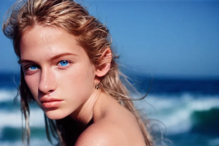 Image similar to close up portrait photography of a beautiful model with bright blue eyes standing in front of ocean, 35mm, kodak film photo, Patrick Demarchelier