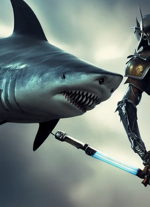 Image similar to side portrait of a shark in knight armor holding a lightsaber, 3 d render, hyper - realistic, detailed, ruan jia, wlop, fantasy, scifi, magic the gathering