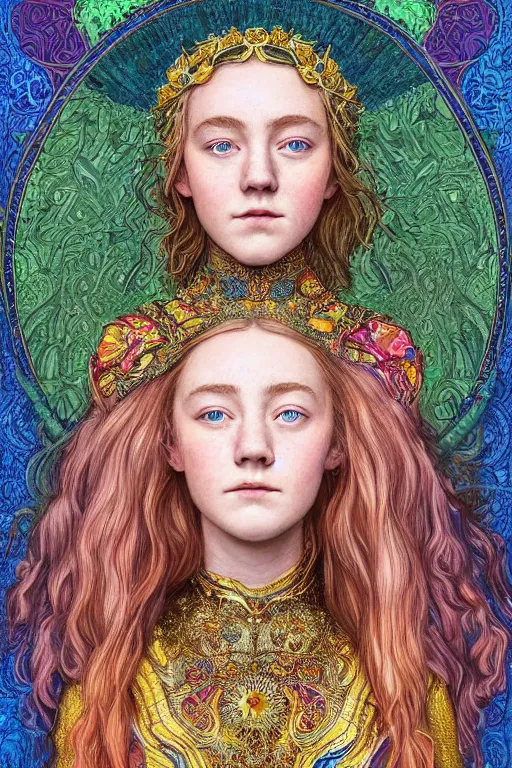 Prompt: a colorful head and torso art nouveau portrait of a 16-year old sun goddess who resembles Saoirse Ronan and Anya Taylor Joy with a worried, intense gaze and slightly opened mouth, ornate intricate iridescent battle armor, intricate, elegant, highly detailed, digital painting, artstation, concept art, smooth, sharp focus, illustration, art by John William Waterhouse and Bouguereau and Donato Giancola and alphonse mucha