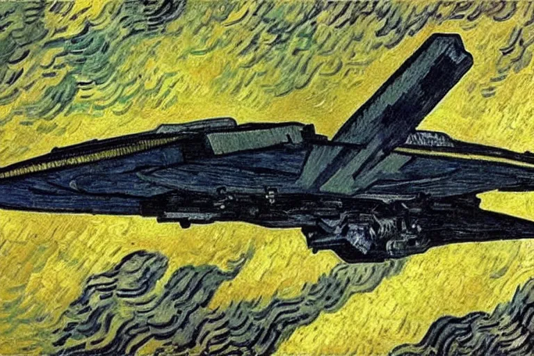 Image similar to detailed oil painting of an Imperial Shuttle spacecraft flying away from earth by Vincent van Gogh