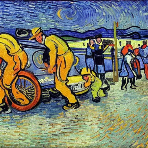 Prompt: pit lane accident. painted by van gogh. bright colors . extreme heat