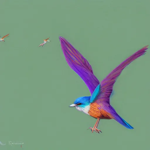 Image similar to a color pencil drawing of an lilac - breasted roller flying away by natalia rojas and ana maria martinez jaramillo, pastel color, wingspan, high quality, artstation, 4 k, realism, ultra realistic, fine art, white background, professionnal work
