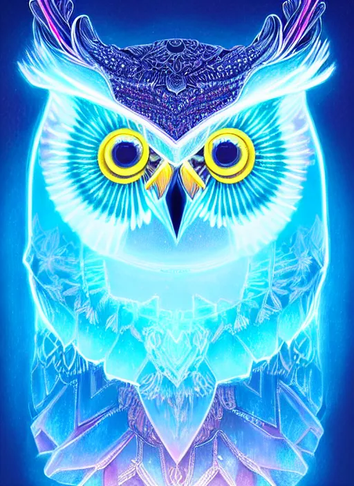 Image similar to symmetry!! product render poster vivid colors divine proportion owl, ice and snow, glowing fog intricate, elegant, highly detailed, digital painting, artstation, concept art, smooth, sharp focus, illustration,