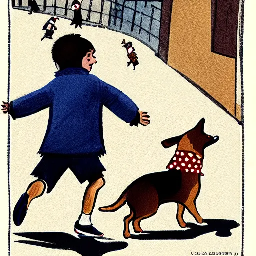 Image similar to book illustration of a french boy on the streets of paris playing football against a corgi, the dog is wearing a polka dot scarf, 1 9 6 6