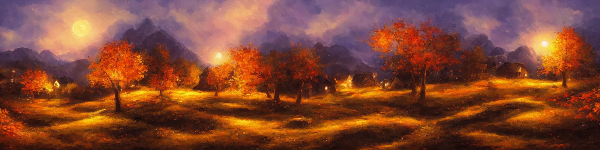 Image similar to painting of autumn village landscape during night, award winning painting, beautiful, breathtaking, stunning scenery, trending on artstation, masterpiece, high definition, 8 k