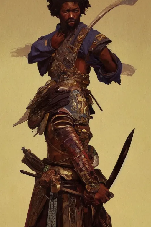 Image similar to a full body fantasy portrait oil painting illustration of an African samurai by Justin Sweet and Greg Rutkowski and Alphonse Mucha with face and body clearly visible, visible pupils, d&d, rpg, forgotten realms, artstation trending, high quality, sombre mood, artstation trending, muted colours, no crop, entire character!,