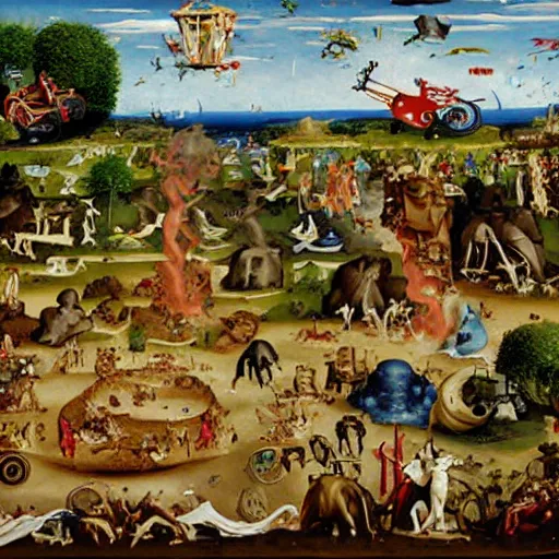 Image similar to all terrain vehicle race, in the style of the garden of earthly delights painting by jerome bosch