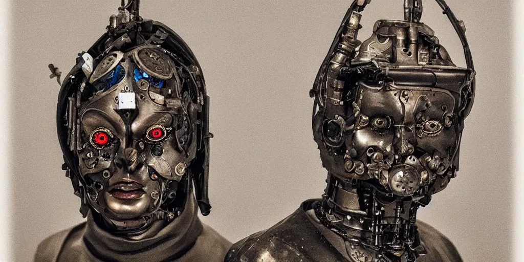 Prompt: a beautiful cyborg made of ceremonial catholic maske
