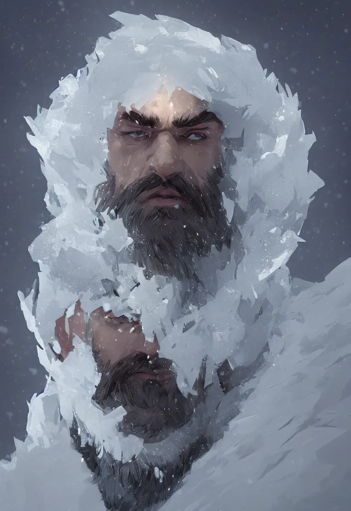 Image similar to a white snow beard made of ice and snow, concept art in style of Greg Rutkowski, ultracrisp, high contrast lighting, John Singer Sargant, ilya kuvshinov, painted by Frank Frazetta, trending on artstation