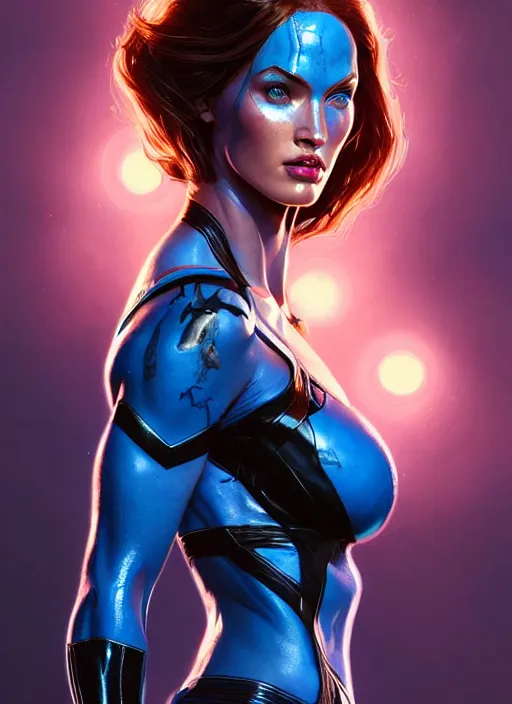 Image similar to portrait of apex legends megan fox as mystique, intricate, elegant, glowing lights, highly detailed, digital painting, artstation, glamor pose, concept art, smooth, sharp focus, illustration, art by artgerm and greg rutkowski, artey freytag