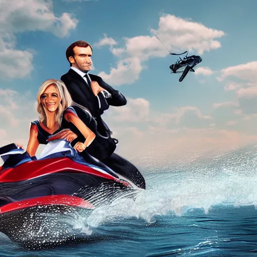 Image similar to photography, emmanuel macron driving a jetski, next to brigitte macron swimming, ultra realistic, concept art, intricate details, highly detailed, photorealistic