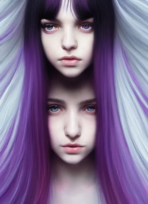 Image similar to hair whitebangs hair, black hair, whitebangs, portrait of teenage girl with white bangs, red irises, purple clothes, white bangs, bangs are different color from hair, intricate, elegant, glowing lights, highly detailed, digital painting, artstation, concept art, smooth, sharp focus, illustration, art by wlop, mars ravelo and greg rutkowski