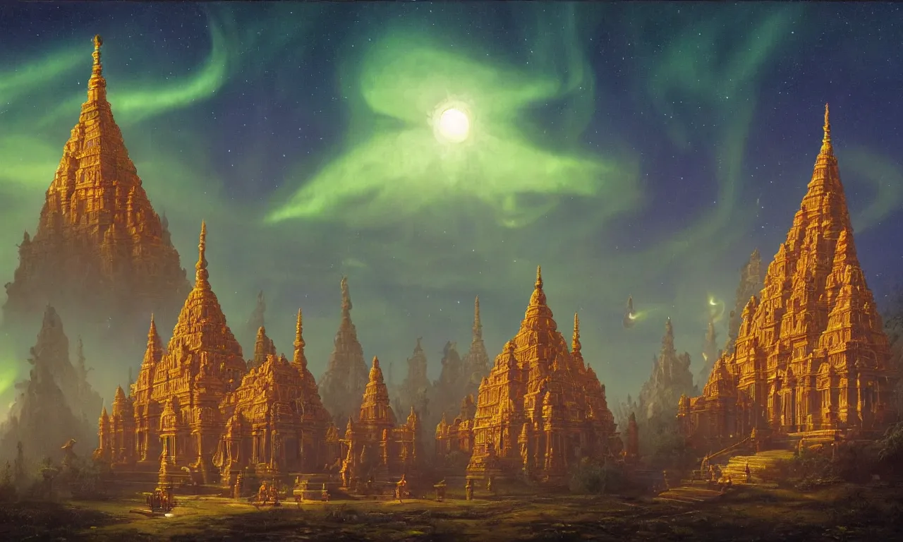 Prompt: A beautiful Hindu temple by Simon Stålenhag and Albert Bierstadt, oil on canvas, with a firefly class spaceship flying above the temples, the moon in gibbon, a ray of light is coming out into the skies from each temple, the aurora borealis reflects on the temples in greenish glow