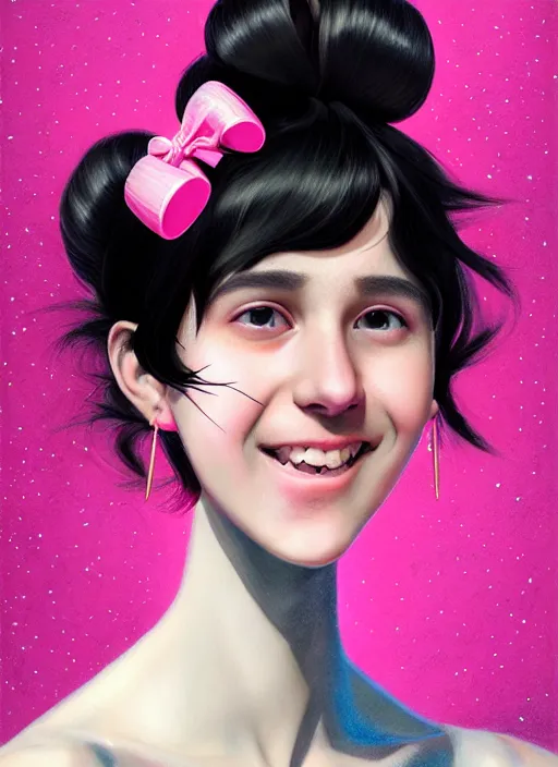 Image similar to portrait of high school girl, realistic, black hair, bangs, half updo hairstyle, pointy nose, skinny, smile, ugly, defined jawline, big chin, pink hair bow, earrings, intricate, elegant, glowing lights, highly detailed, digital painting, artstation, sharp focus, illustration, art by wlop, mars ravelo and greg rutkowski