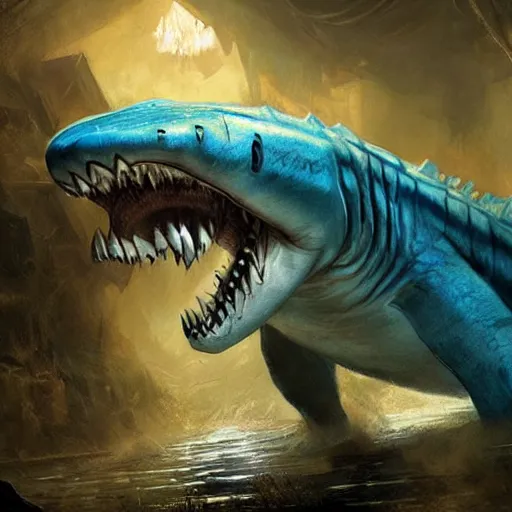 Image similar to blue crocodile shark hybrid, epic fantasy style art by Craig Mullins, fantasy epic digital art, epic fantasy card game art by Greg Rutkowski