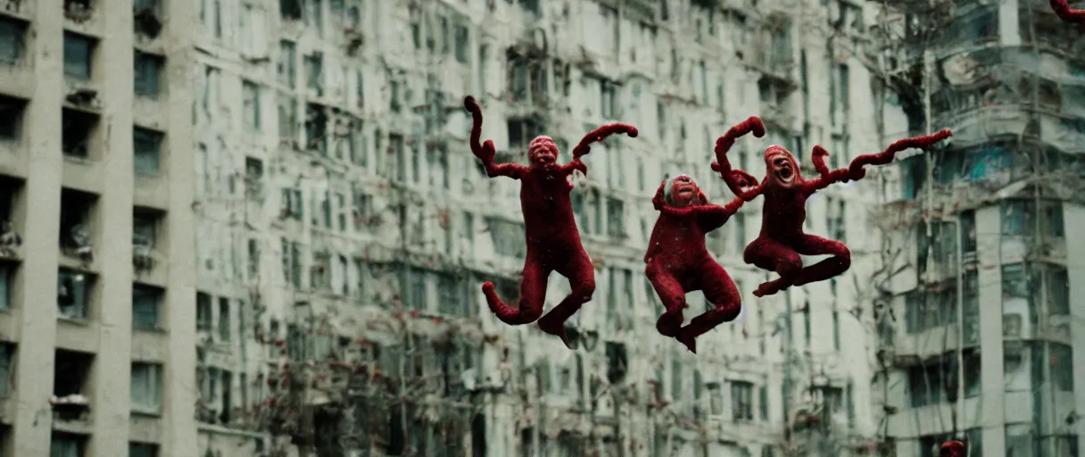 Image similar to filmic extreme close up shot 3 5 mm film color photograph of a family jumping bloody pants off a building laughing with tentacle arms happy, only color results