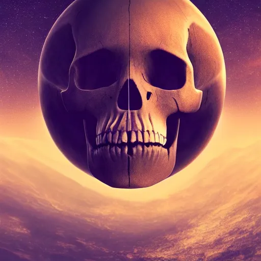 Prompt: planet shaped like a skull, digital painting, beautiful, concept art, ethereal, cinematic, epic, 8k, high detail, Artstation, Trending on Artstation, Artstation HQ, Artstation HD, deviant art, Pinterest, digital art,