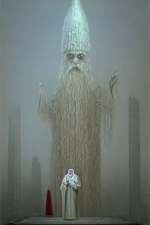 Prompt: an orthodox patriarch in a very tall russian temple, in style of Zdzislaw Beksinski,