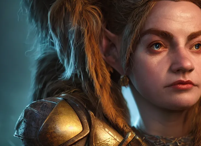 Image similar to Beautiful art portrait of a female dwarf warrior in a dark mystical dark dungeon setting, unreal 5, DAZ, hyperrealistic, octane render, dungeons and dragons, dynamic lighting