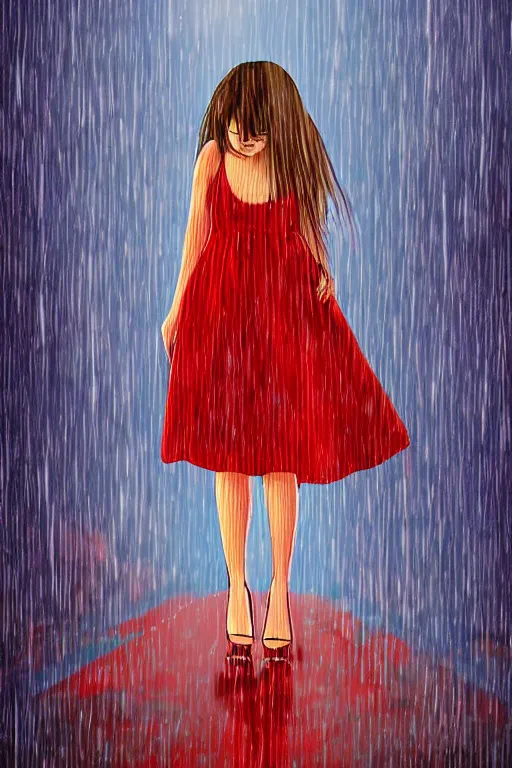 Image similar to a girl in a red dress crying in the middle of a city while its raining, digital art