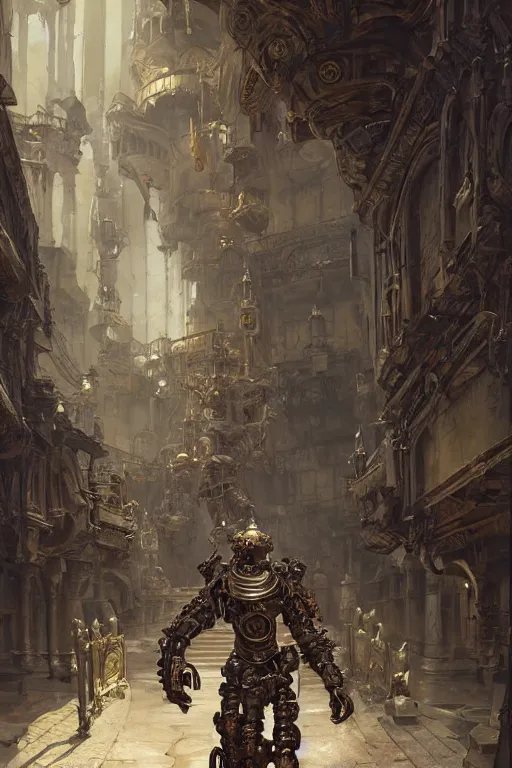 Prompt: an biomechanical palace guard made of machine parts walking through the steampunk byzantine courtyard by anders zorn, wonderful, mandelbulb 3 d buildings, fractal designs, dynamic, masterpiece by greg rutkowski, hyperrealism, beautiful cinematic light, by greg manchess, jessica rossier