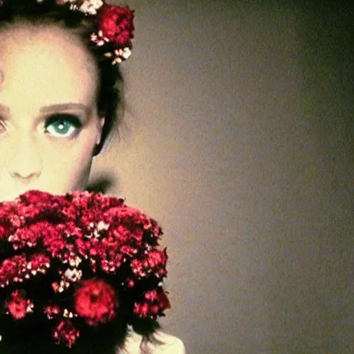 Image similar to movie still of the girl with the flowers head, cinematic composition, cinematic light, by edgar wright and david lynch, surreal art