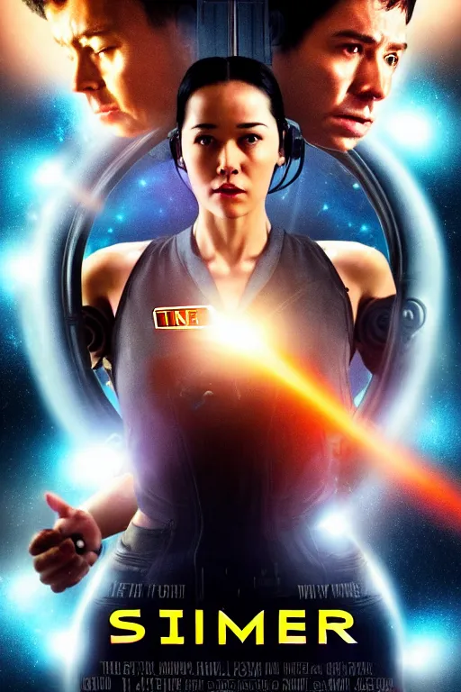 Prompt: a movie poster of the sci - fi movie time runner ( 2 0 1 8 ), starring a black haired woman in a tank top, very detailed face, robots, clouds, mystery