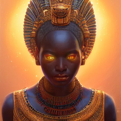 Image similar to highly detailed portrait of an african egyptian goddess, intricate alien technology, stephen bliss, unreal engine, fantasy art by greg rutkowski, loish, rhads, ferdinand knab, makoto shinkai and lois van baarle, ilya kuvshinov, rossdraws, tom bagshaw, global illumination, radiant light, detailed and intricate environment