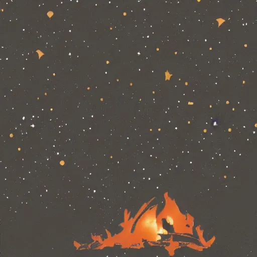 Image similar to a comfy crackling outdoor campfire in front of a very dark background of yellow illustrated stars, astrophotography, warm muted colors, cut paper photo collage with photograph and illustration