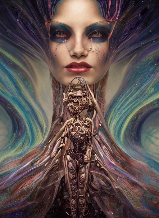 Image similar to epic portrait of menacing, agitated, anxious yet stunningly beautiful biomechanical djinn overseeing the iridescent fabric of the universe, by charlie bowater, mandy jurgens, gustav klimt, octane render, dramatic camera angle, 4k, 8k, high detail, HDR, by tom bagshaw, powerful, with inspiration from Beksinski, inspired by greek goddess Athena