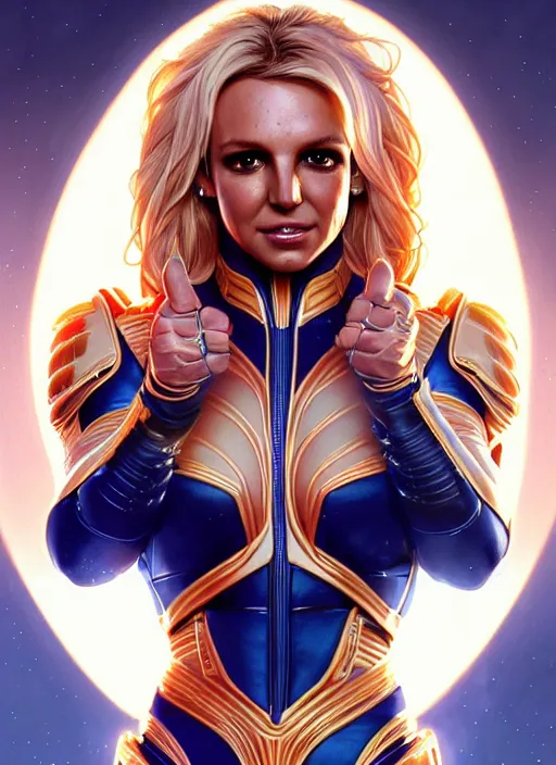 Image similar to britney spears as nova corps, intricate, elegant, glowing lights, highly detailed, digital painting, artstation, glamor pose, concept art, smooth, sharp focus, illustration, art by artgerm and greg rutkowski, artey freytag