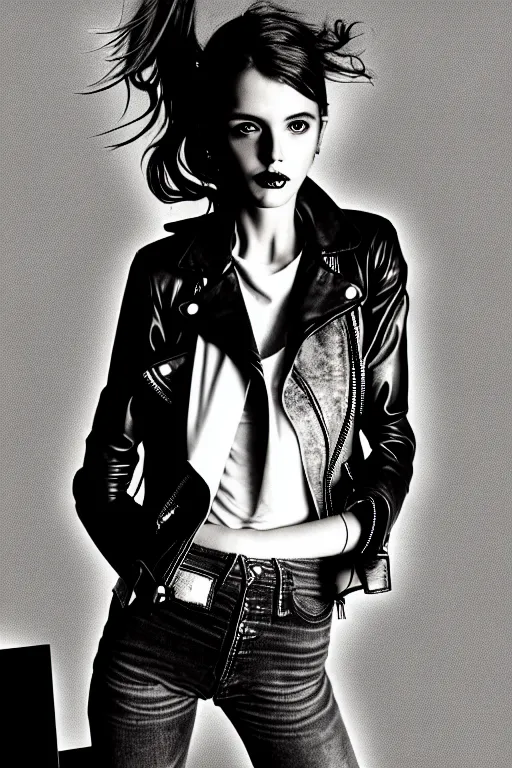 Image similar to dreamy rock girl, black leather jacket, detailed acrylic, grunge, perfect lighting. professional design. great composition, illustration by alberto giacometti, peter lindbergh, 8 k