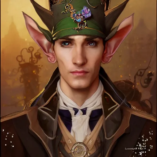 Image similar to Three quarters portrait of a elf gentleman steampunk, highly detailed, digital painting, art by Stanley Lau and Artgerm and magali villeneuve and Alphonse Mucha, artstation, octane render, cgsociety