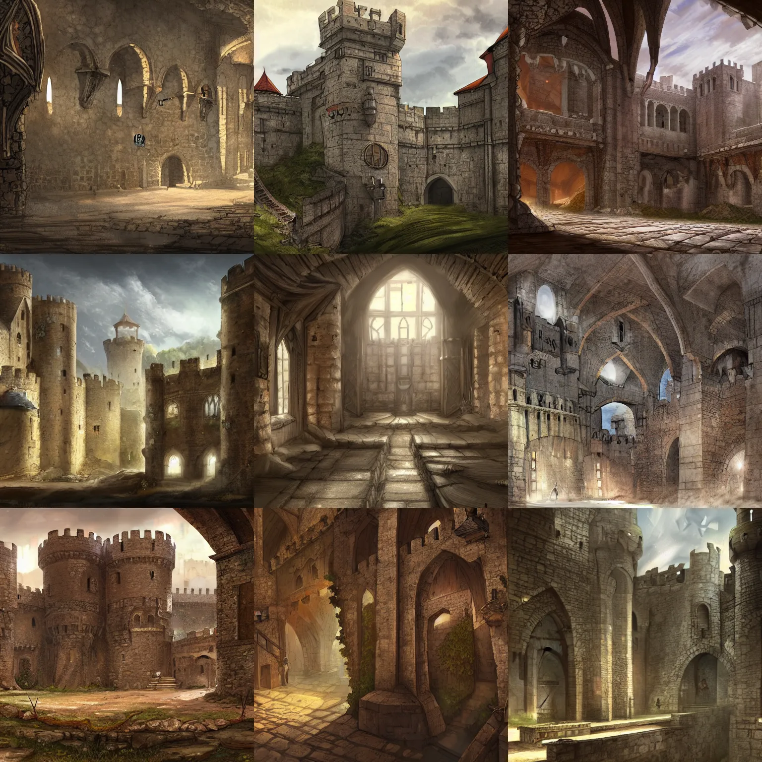 Prompt: inner ward of a medieval castle, concept art, key visual, background, very detailed, digital art