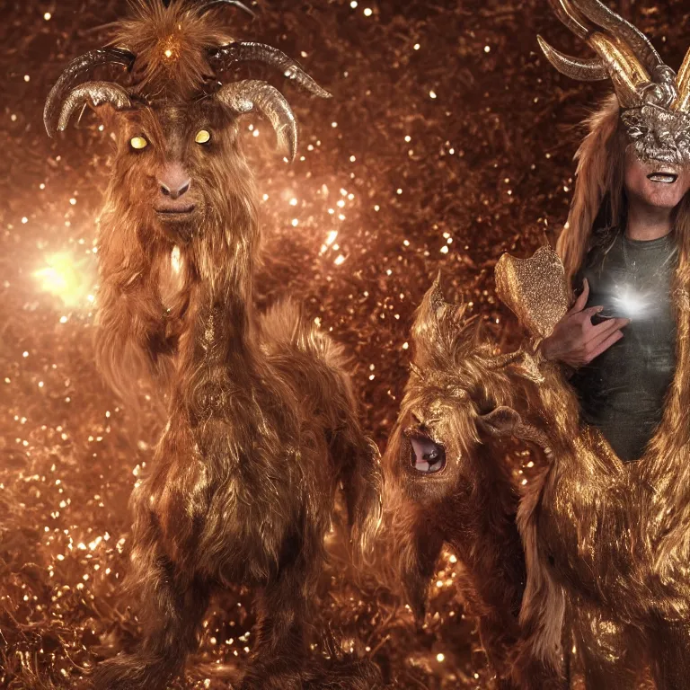 Image similar to octane render portrait by national geographic and wayne barlow and carlo crivelli and glenn fabry, a demon with the furry head of a goat with shining golden horns wearing a tight iridescent silver latex pants and shirt, inside an explosion of glitter, cinema 4 d, ray traced lighting, very short depth of field, bokeh