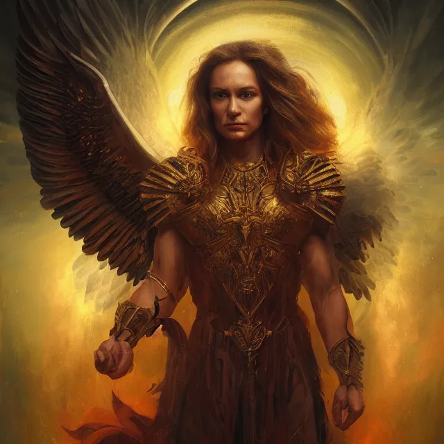 Image similar to majestic gracious archangel michael portrait, atmospheric lighting, painted, menacing, intricate, volumetric lighting, beautiful, rich deep colours masterpiece, golden hour, sharp focus, ultra detailed, by leesha hannigan, ross tran, thierry doizon, kai carpenter, ignacio fernandez rios