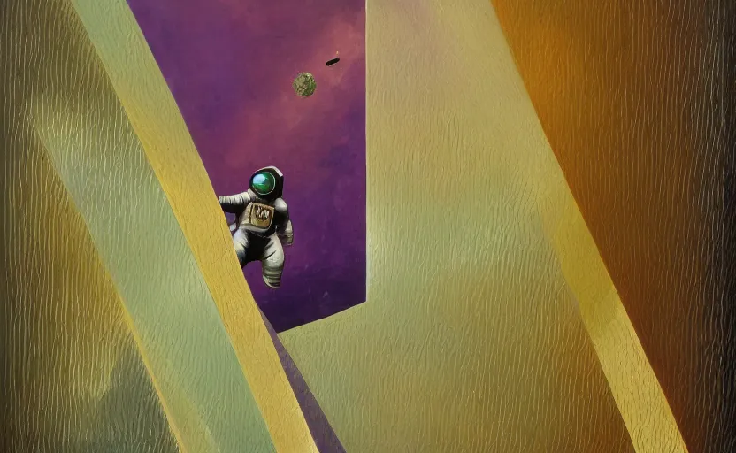 Prompt: textured _ art _ deco _ painting _ of _ astronaut _ side _ profile _ full _ body _ flying _ from _ bottom _ left _ to _ top _ right _ muted _ greens _ and _ browns _ geometric _ gold _ and _ deep _ purple