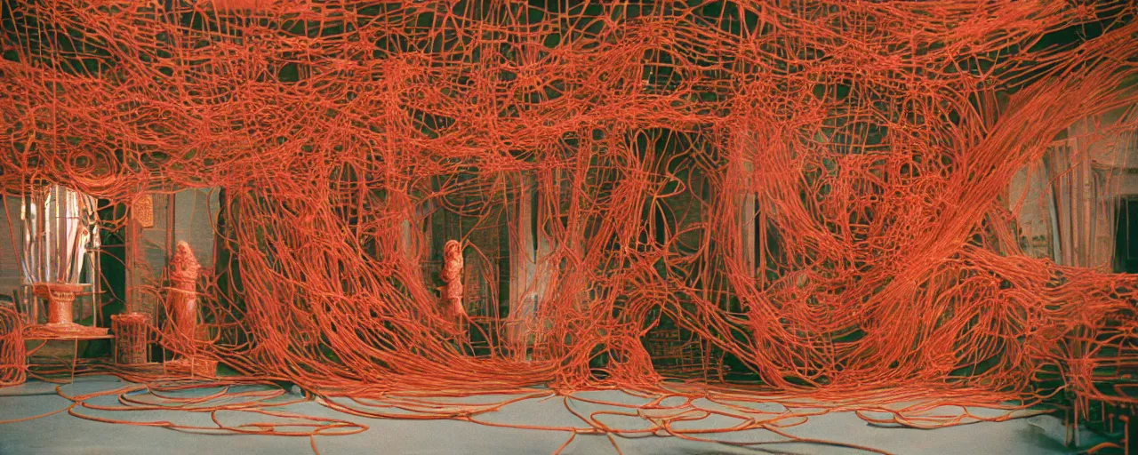 Prompt: spaghetti sculpture inside a buddhist temple, hyper - realistic, small details, intricate, canon 5 0 mm, wes anderson film, kodachrome