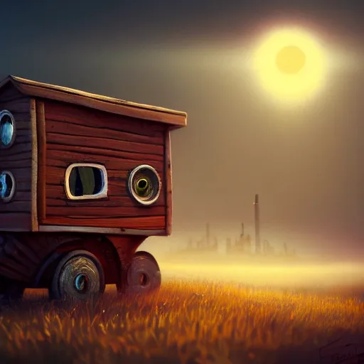 Prompt: a walking tiny wood house with two mechanical legs and two glowing eyes, rust, hyperrealistic, pareidolia, highly detailed, cinematic, single ray of sun, fog, city in background, beautiful, cgssociety, artstation, 8 k, oil painting