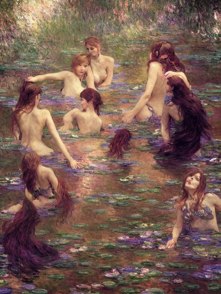 Image similar to illustration studio portrait of three dark beautiful mermaids female energy in artistic poses in the river at the forest, monet painterly motives and textures pattern, hyper detailed, octane render, vivid colors, artstation, by jeremy mann, by alphonse mucha, by monet