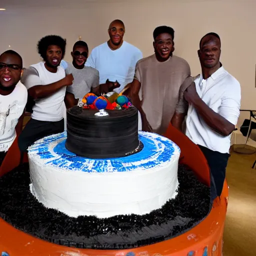 Prompt: several black guys surrounding a big cake. ultra realistic.