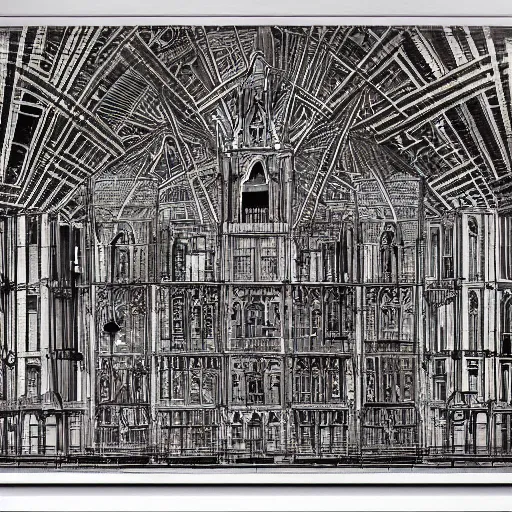 Prompt: leonardo da vinci intricate full page blueprint of concept an enormous cathedral facade, covered with different types of antennas, light signage, luminous advertisements, satellite dishes, hyper detailed, ultra - detailed technical precision, hypermaximalist, elegant, ornate, symmetrical, akira, ghost in the shell, cinematic lighting,, intricate, 8 k, night