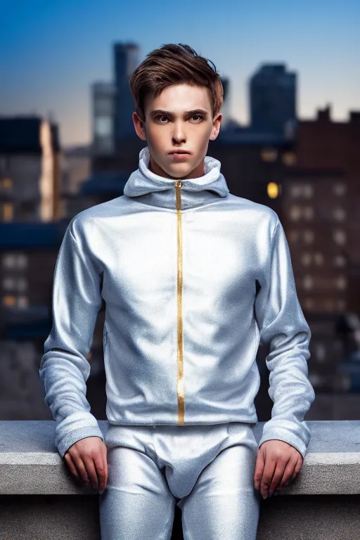 Image similar to un ultra high definition studio quality photographic art portrait of a young man standing on the rooftop of a british apartment building wearing soft padded silver pearlescent clothing. three point light. extremely detailed. golden ratio, ray tracing, volumetric light, shallow depth of field. set dressed.