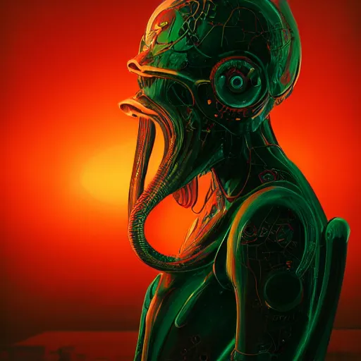 Image similar to portrait of a squid monster. intricate abstract. cyberpunk, intricate artwork. neon eyes, by Tooth Wu, wlop, beeple. octane render, trending on artstation, greg rutkowski very coherent symmetrical artwork. cinematic, hyper realism, high detail, octane render, 8k, minimalistic, hyperrealistic surrealism, award winning masterpiece with incredible details, a surreal vaporwave liminal space, highly detailed, trending on ArtStation