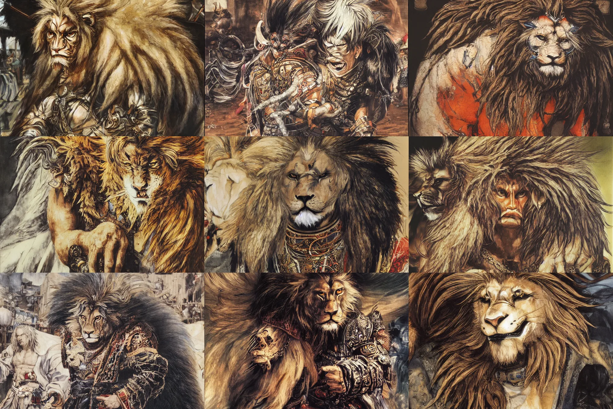 Image similar to 8k Yoshitaka Amano painting of upper body of a young cool looking lion beast-man at a medieval market at windy day. Depth of field. White hair, He is wearing complex tribal clothing. He has huge paws. Renaissance style lighting.