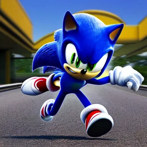 Prompt: realistic sonic running down a highway high quality